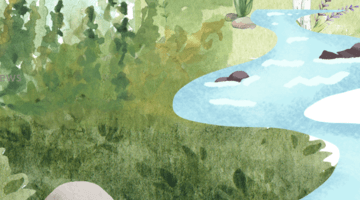 Daring Cities Card Illustration of a riverine landscape.